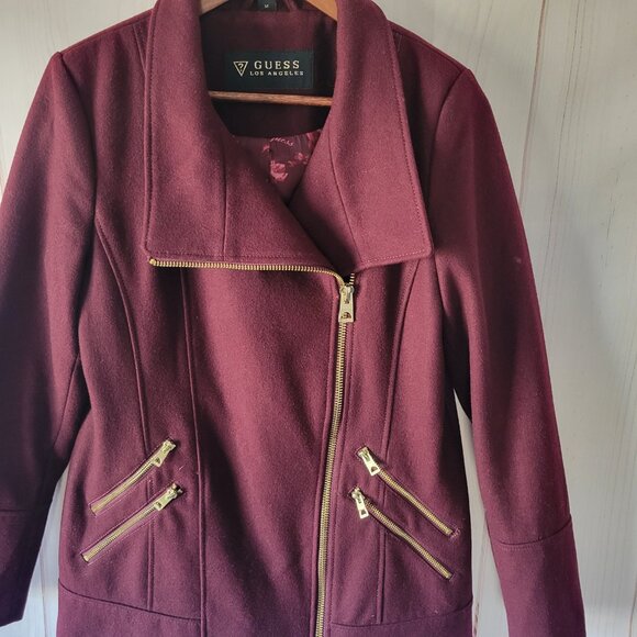 Guess Wool Women’s M, Maroon w/Gold Zippers Jacket, Moto Jacket, Full Zip & Full - Picture 4 of 13